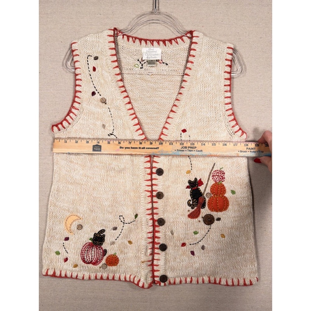 Christopher & Banks Vintage Halloween Cat Pumpkin Embroidered Knit Vest Small - Picture 3 of 8